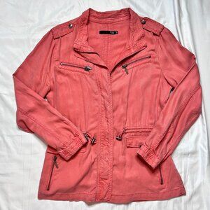 Max Jeans Women's M Pink Denim Jacket - Spring Zip-up Cargo Pockets Adjustable